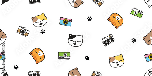 cat seamless pattern kitten camera film photographer calico neko face head vector cartoon character breed pet gift wrapping paper repeat wallpaper tile background animal doodle illustration design sca