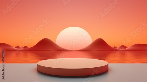 3D render of a beach landscape featuring a circle-shaped island adorned with lush palm trees and white sandy shores  surrounded by crystal-clear turquoise waters that reflect the golden hues