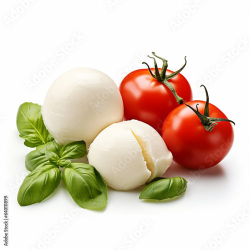 Mozzarella cheese balls, cherry tomatoes and green fresh organic basil isolated on white, ai technology