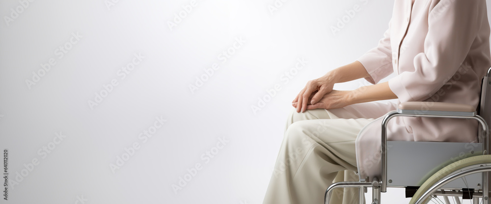 Old woman in a wheelchair, isolated on white with copy space. Concept of old age, loneliness and elderly care.