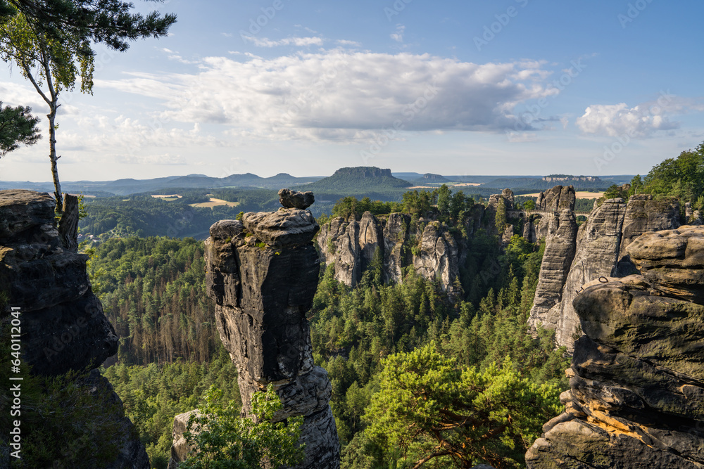 View of the Bastei and rock formations in the Elbe River Valley, Saxon Switzerland National Park, Germany