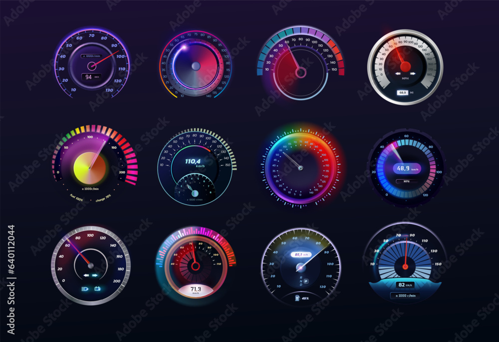 Speedometers set. Car speed realistic dashboard, futuristic gauge meter, counter and arrow. Bright glowing elements on black background. Vector exact isolated interface design - obrazy, fototapety, plakaty 