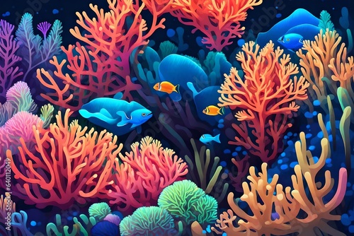  Undersea tropical world. Bright neon colored coral reef, anemone and sea plant