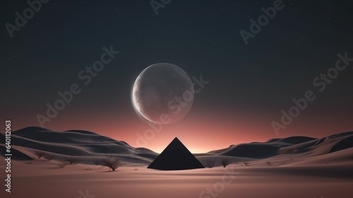 desert landscape, where an inverted pyramid structure pierces the golden sands, its apex submerged while the base towers above, creating an architectural marvel that contrasts starkly with the vast
