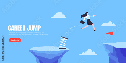 Businesswoman jumps over the abyss across the cliff flat style design vector illustration. Business concept of fearless businesswoman with courage. Risk, goal achievement, work obstacles and success.