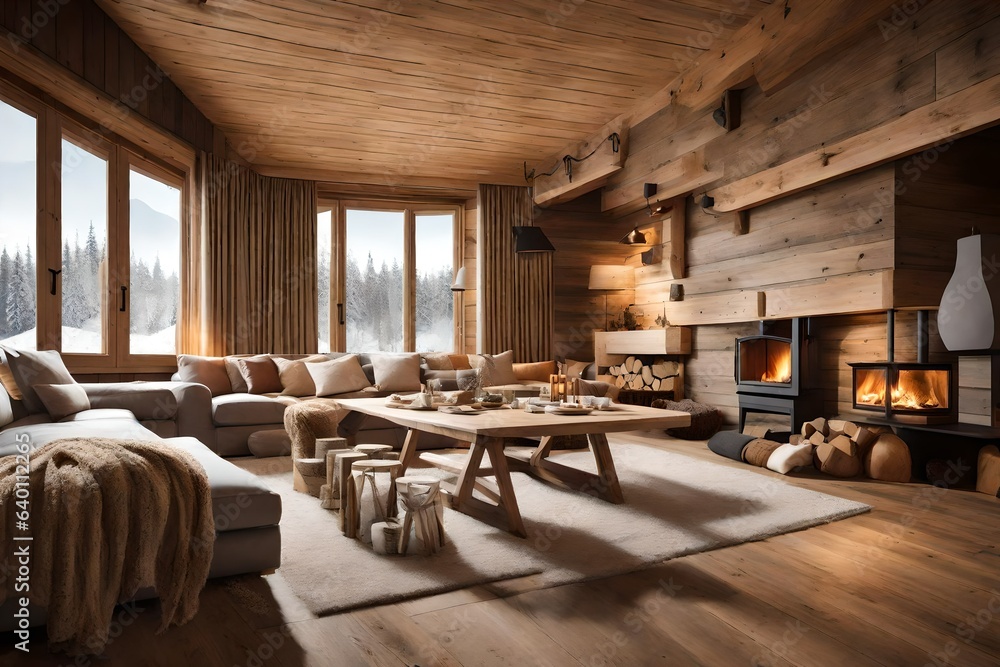 cozy warm home interior of a chic country chalet with a huge panoramic window overlooking the winter forest. open plan, wood decoration, warm colors 