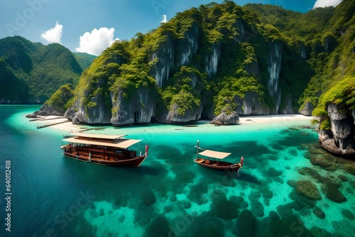 tropical island with 2 boats and mountains covered with trees © Stone Shoaib