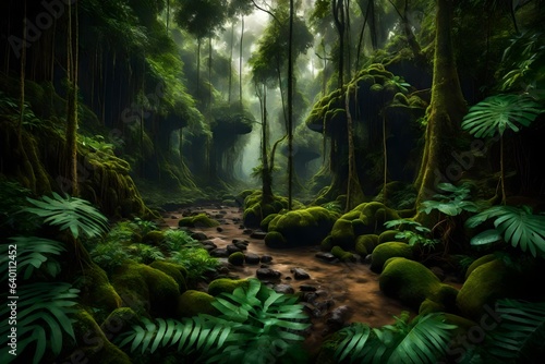 tropical forest in the jungle with deep green trees