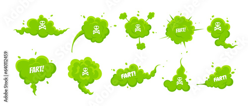 Smelling green cartoon smoke or fart clouds flat style design vector illustration set. Bad stink or toxic aroma cartoon smoke cloud isolated on white background. photo