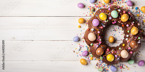 Easter bundt cake with chocolate nest of colorful candies on wooden background with copy space