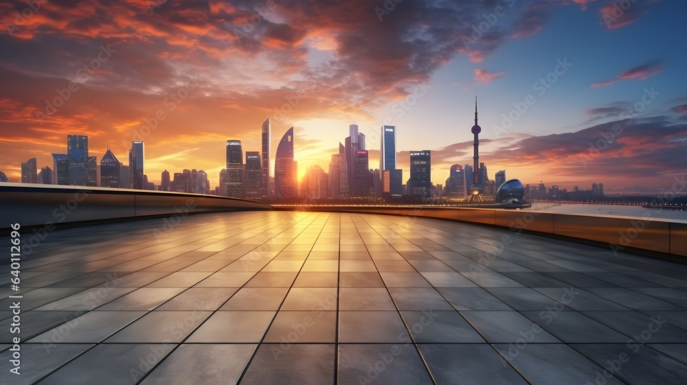 Empty floor and modern city skyline with building at sunset in Suzhou, China. high angle view. AI Generative