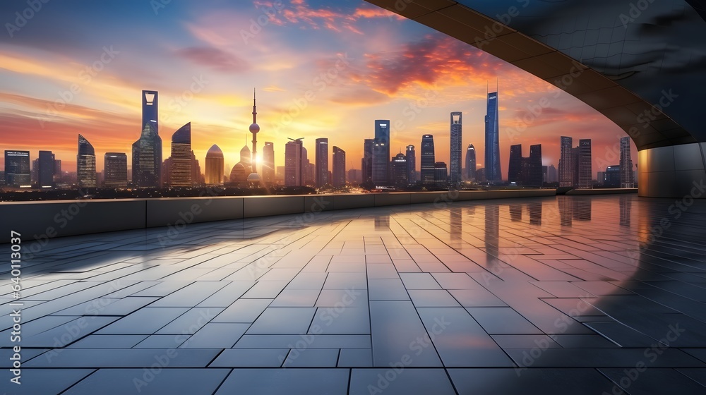Empty floor and modern city skyline with building at sunset in Suzhou, China. high angle view. AI Generative