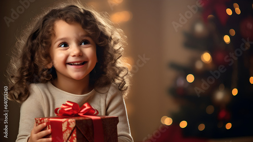 Happy Laughing Child Girl With Christmas Present © Harshal