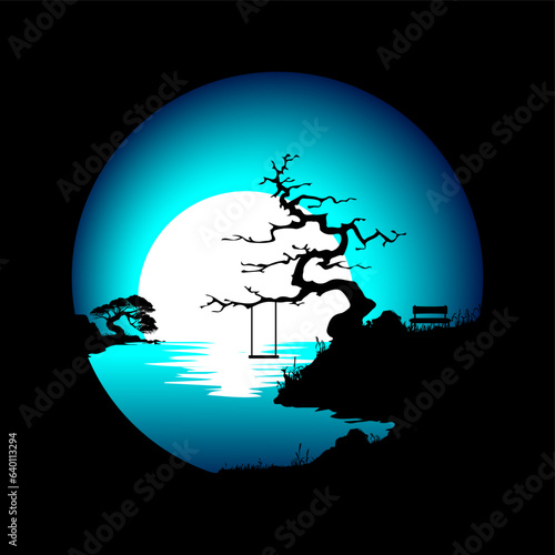 vector landscape with silhouette of lake with old tree swing, swing, old tree, lake in moonlight