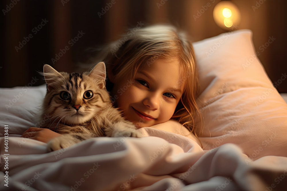 A Little girl relaxing on the bed with her kitten at home. Cheerful. Generative Ai A Little girl relaxing on the bed with her kitten at home. Cheerful. Generative Ai