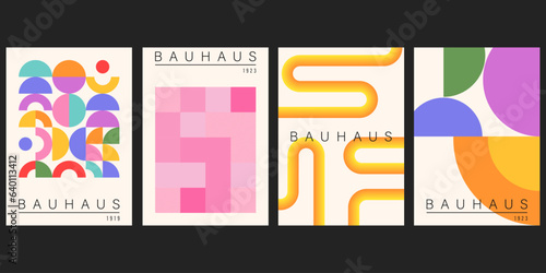 Bauhaus geometric pattern background, vector abstract circle, triangle and square lines art. Yellow, blue, red and green color, trendy Bauhaus pattern backgrounds set