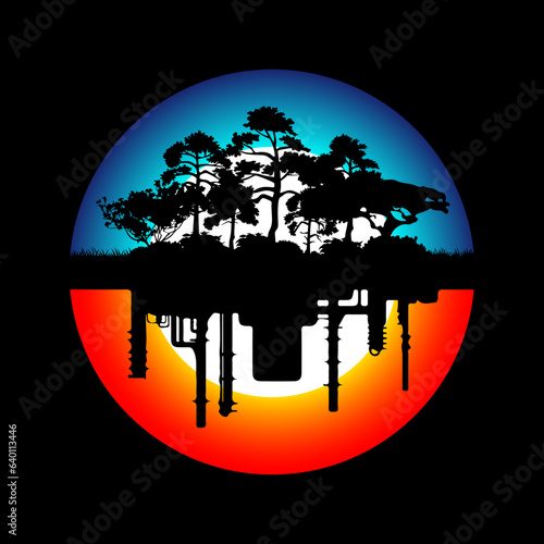 vector landscape with silhouettes of a forest that has turned into an industrial area, forest, factory, air pollution, sunset, sunrise