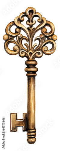 Watercolor drawing of bronze antique key isolated.
