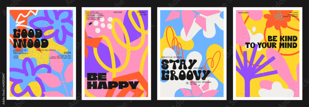 Abstract groovy floral posters in 90s style. Cartoon psychedelic acid style. Hippie and botanical elements banners