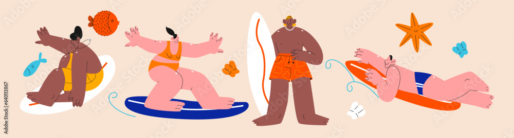Cartoon characters surfers in the sea and ocean in the style of the 90s. Surfboard, kitesurf, water sports in beachwear. Vector groove hippie illustration Cartoon characters surfers in the sea and ocean in the style of the 90s. Surfboard, kitesurf, water sports in beachwear. Vector groove hippie illustration