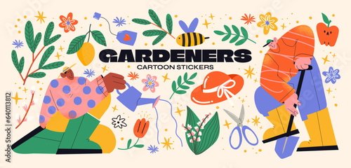 Cartoon retro stickers garden characters gardeners, flowers, plants, leaves. Garden, farm and agriculture. Hobby gardener, groovy elements