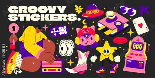 Cartoon retro stickers 90s elements. Abstract cool doodle characters, comic vector patches and stamps