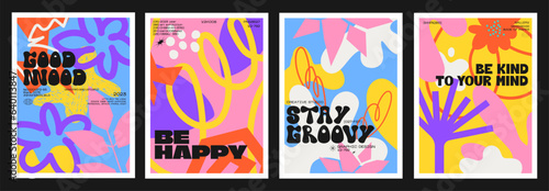 Abstract groovy floral posters in 90s style. Cartoon psychedelic acid style. Hippie and botanical elements banners