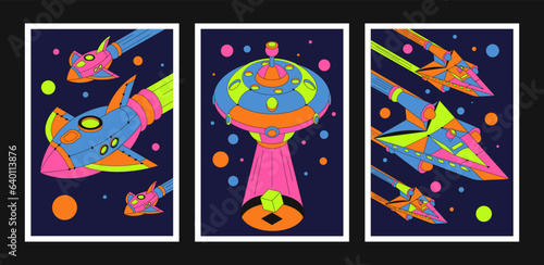 Groovy space posters future in the style of the 90s. Spaceship, ufo. Cartoon y2k psychedelic acid style. Hippie and space banner elements