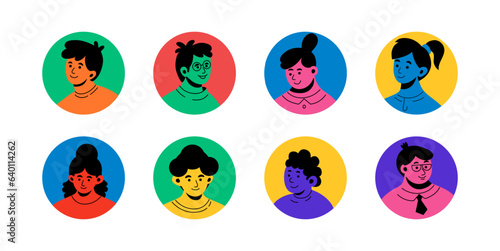 People avatars. Bright colorful doodle characters in circles, person icons with diverse face, abstract modern young art. Trendy heads for forum or blog users profile. Vector design, tidy set