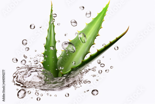 Fresh Aloe Vera Leaf on Water White Background - Generative AI