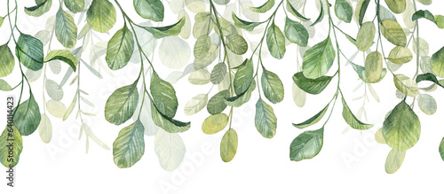 Long banner header with hanging green botany. Hand painted watercolor illustration for greeting card and invitation design