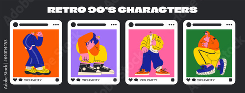 Retro happy boy 90s characters in tracksuits. Young people are dancing at the party. Social media vector frames
