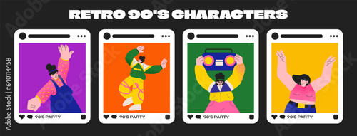 Retro happy 90s characters in tracksuits. Young people are dancing at the party. Social media vector frames © Limpreom