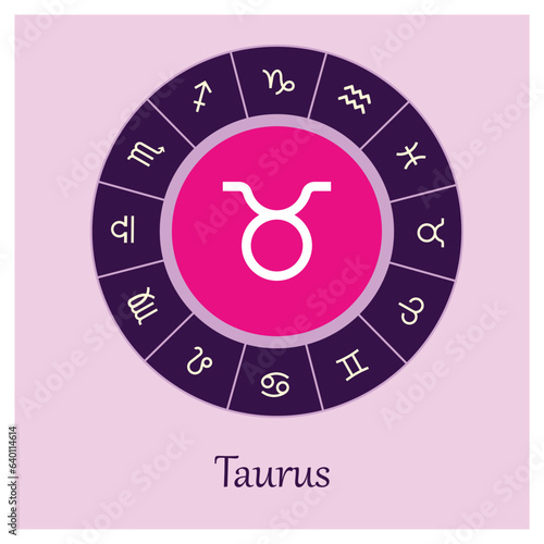 Taurus sign . Vector illustration. Taurus zodiac sign symbole on purple background horoscope astrology Zodiac sign. Astrological calendar. Zodiacal color vector horoscope. Line symbol