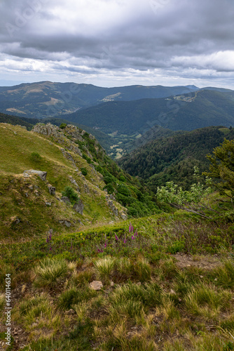 Landscape photo of the mountainous and hilly environment of the French Vosges region of Haut-rhin, taken close to the mountain named 'Grand Ballon'