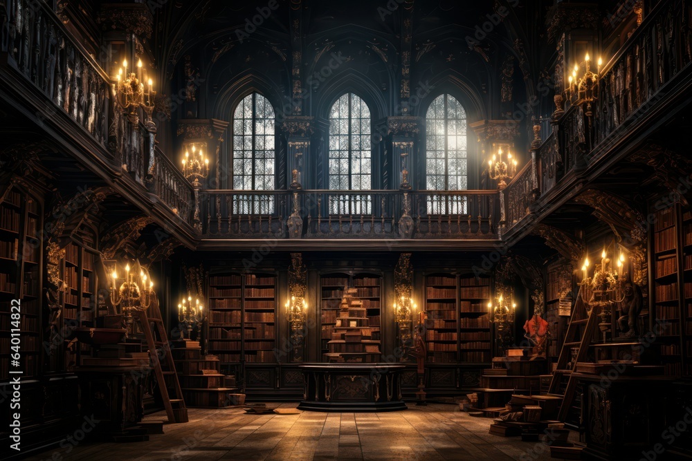 A gothic library , dark and eerie library, medieval library, fantasy scenery, generative AI - obrazy, fototapety, plakaty 