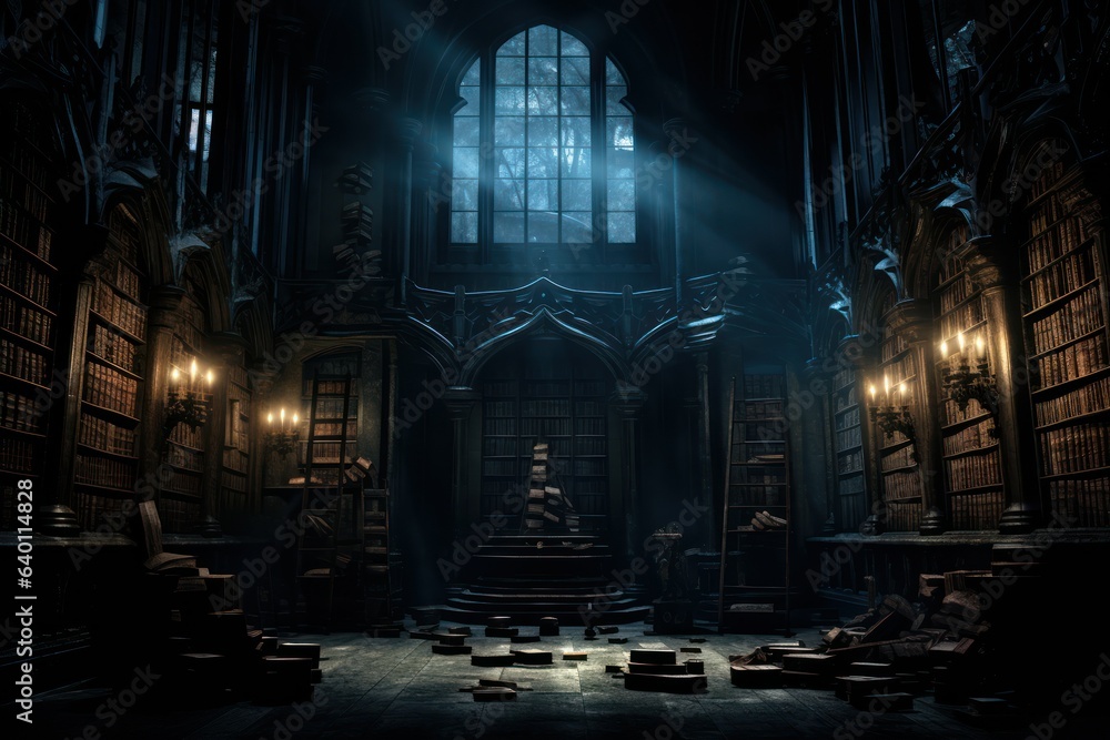 A gothic library , dark and eerie library, medieval library, fantasy scenery, generative AI