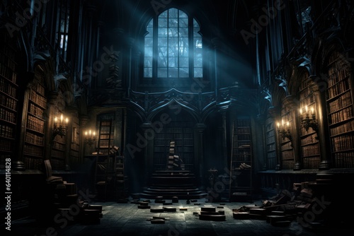 A gothic library   dark and eerie library  medieval library  fantasy scenery  generative AI