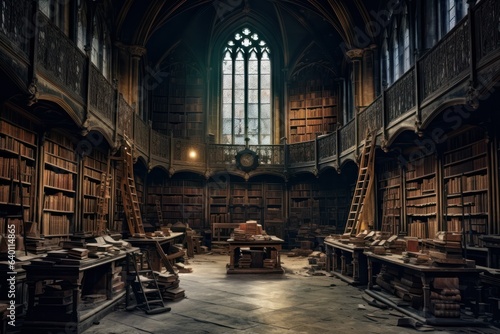 A gothic library   dark and eerie library  medieval library  fantasy scenery  generative AI