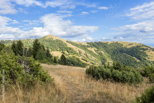 Summer nature mountains landscape. Scenery of green hills and fields. Beautiful blue sky with clouds. Panoramic view of Mountain Kopaonik, Serbia, Europe.