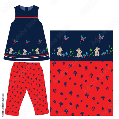 denim frocks with leggings mouse print vector
