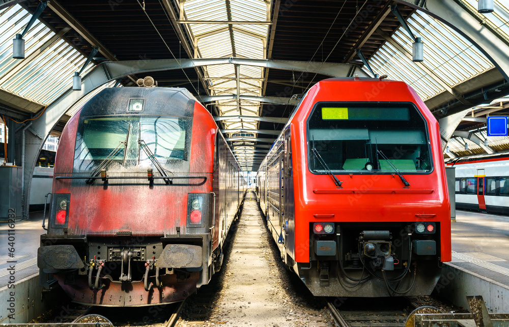 Modern passenger trains at Zurich Main Station in Switzerland Modern passenger trains at Zurich Main Station in Switzerland