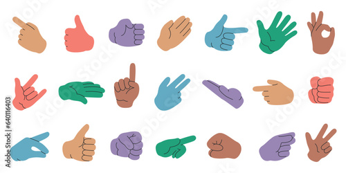 Colorful hands collection. Human arm and hand gestures, people gestures with fingers, point, shake, fist and hand sign. Vector flat set