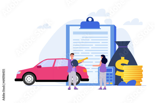 Buying new automobile on credit, car credit or loan, auto finance concept. Vector illustration.