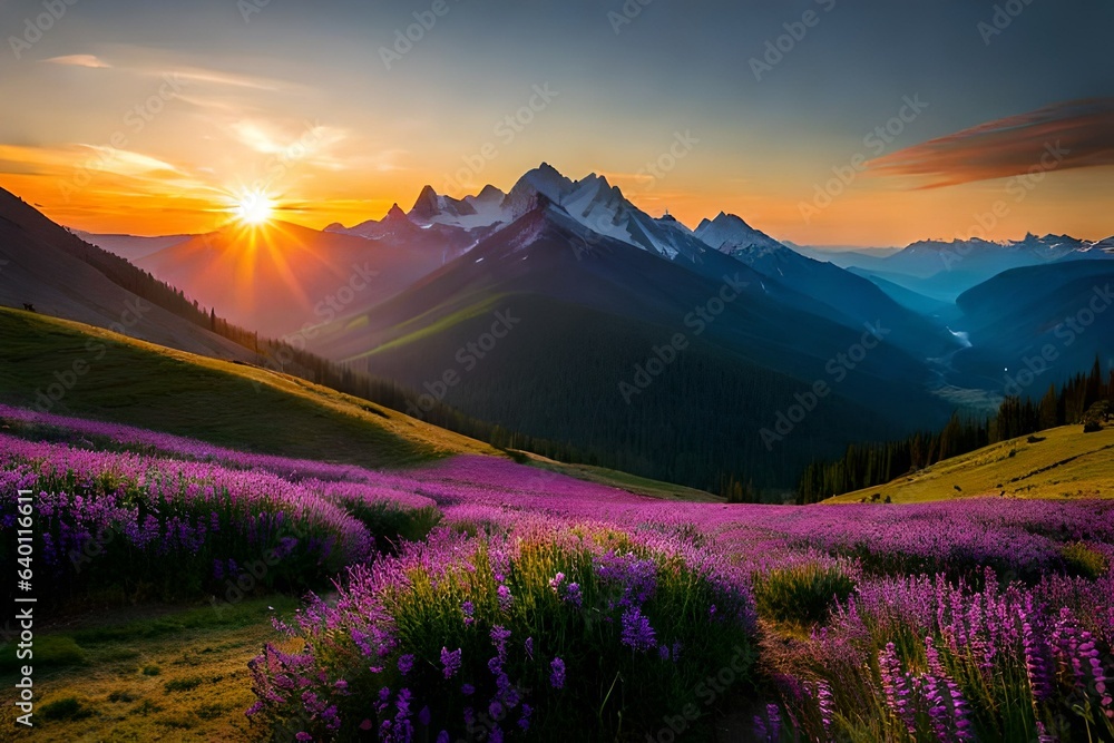 sunset over mountains and purple flowers