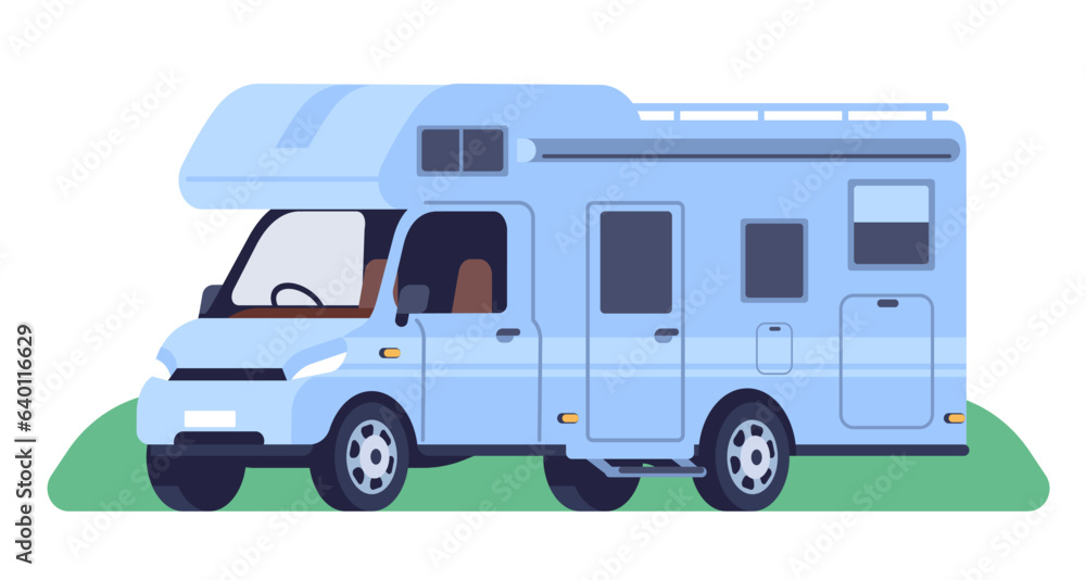 Caravan camper. Motor home on wheels. Automobile camping van. Transport for summer vacation. Tourist transportation by roads. Car trailer. Driving vehicle. Hiking adventure. Vector concept