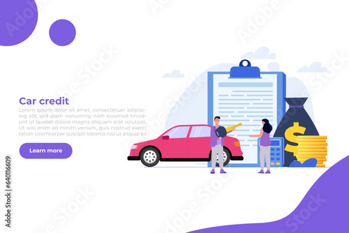 Buying new automobile on credit, car credit or loan, auto finance concept. Vector illustration.