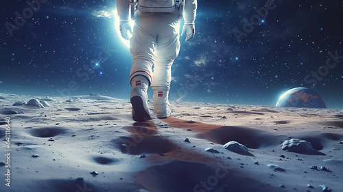 Fotografia an astronaut takes steps on the surface of the moon, against the background of o