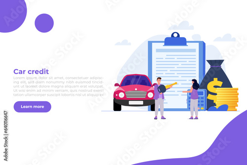 Buying new automobile on credit, car credit or loan, auto finance concept. Vector illustration.
