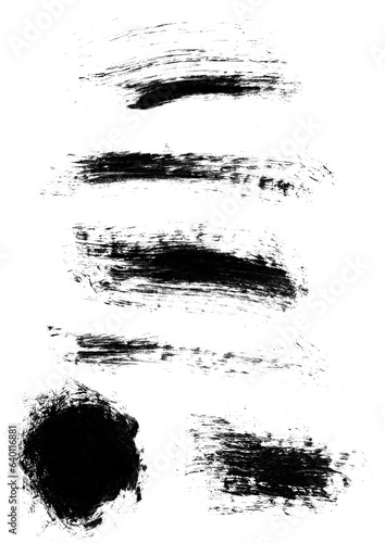 Collection of black paint  ink strokes  brushes  lines  grungy  layer masks. Dirty artistic design elements  on white isolated background. Freehand drawing. For inscriptions. Design element